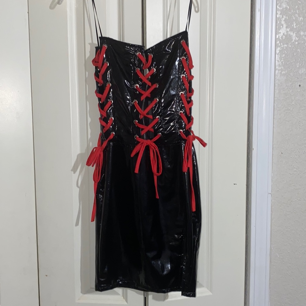 Fashion nova leather like material mini club dress with red lacing